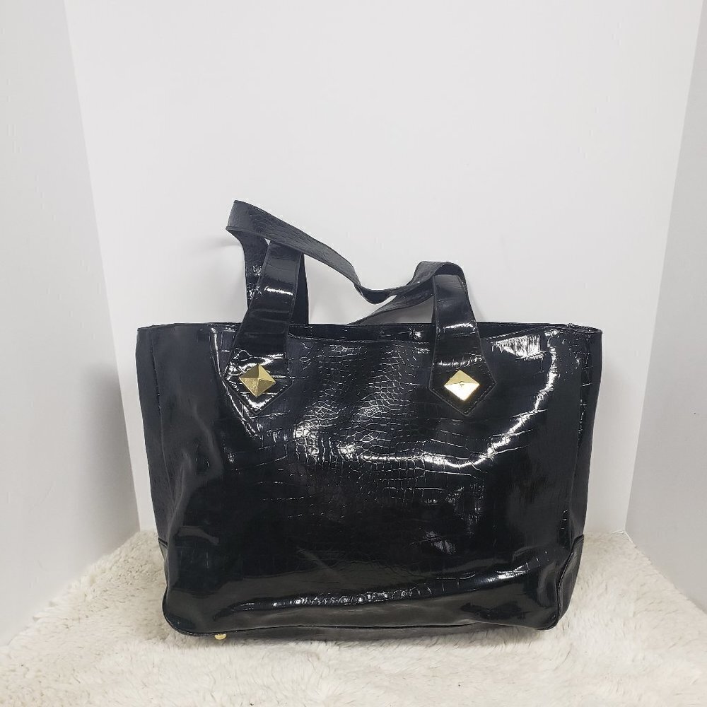Avon Tote Black Croc Embossed Glossy Faux Leather Academia office Classic